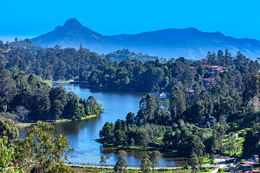 It is about half past seven in the morning in the Hill Station of Kodaikanal, in the South Indian state of Tamil Nadu. The town and the Lake were created by the British during the colonial period.  It was created as an alternative for Oothacamandalam, or Ooty as it is popularly known.  Perumal Peak can be seen clearly in the distance, to the left of the photo which was shot in the morning sunlight; horizontal format. Copy space