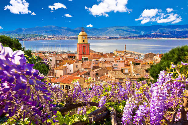 Saint Tropez village church tower and old rooftops view, famous tourist destination on Cote d Azur, Alpes-Maritimes department in southern France....best place to visit in Franceso don't forget to add this place in your list.