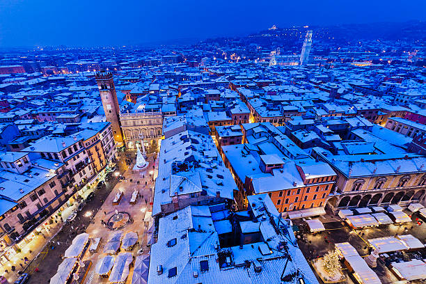 Verona at dusk after a snowfall seen from the Torre dei Lamberti. The two squares seen from above are decked out for the Christmas festivities. Verona, Italy. Canon EOS 5D Mark II
